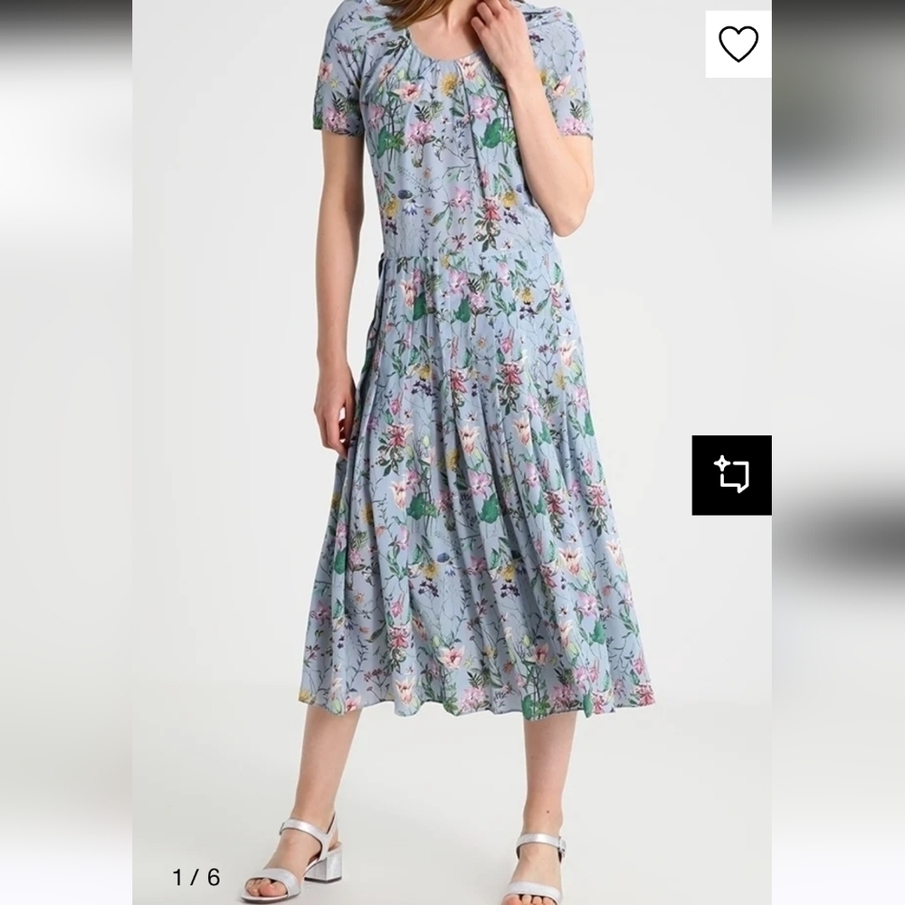 The Kooples Silk Folkloric Print Midi Dress XS Light Blue Floral Pleated Skirt - Picture 2 of 12